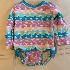 Ruffle Butts Pastel Mermaid Print Swimsuit with Teal Ruffle